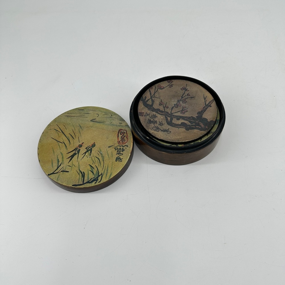 Vintage Japanese Lacquerware Coaster Set Hand Painted Nature Scenes with Box 6pc - Picture 4 of 6